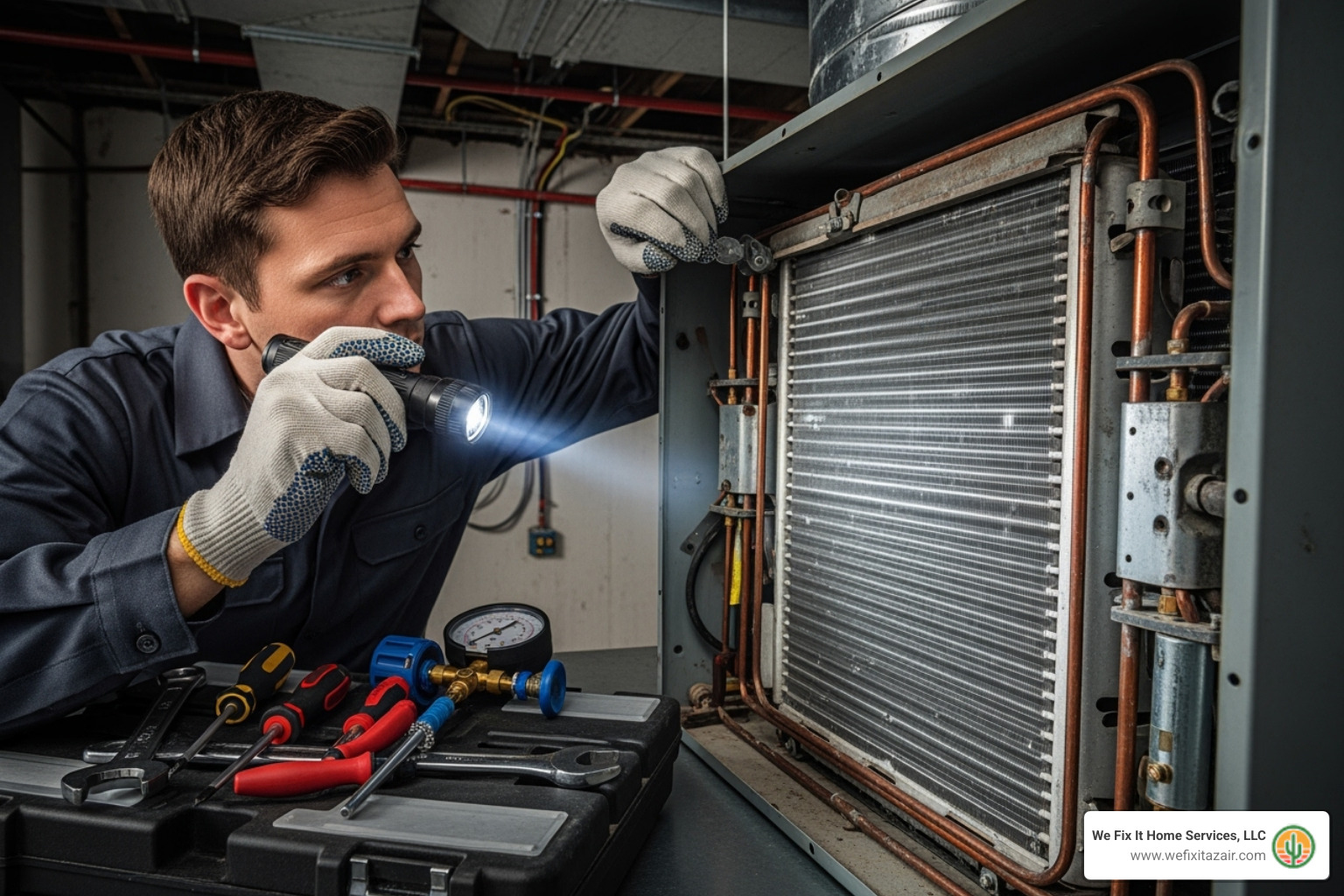 A technician carefully inspecting the internal components of an AC unit's air handler - ac coil cleaning phoenix az A technician carefully inspecting the internal components of an AC unit's air handler - ac coil cleaning phoenix az