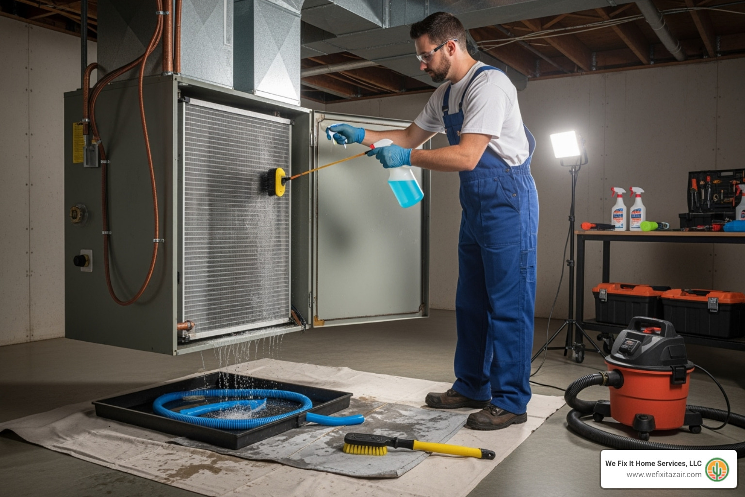 A technician professionally cleaning an evaporator coil within an indoor air handler unit - ac coil cleaning phoenix az A technician professionally cleaning an evaporator coil within an indoor air handler unit - ac coil cleaning phoenix az