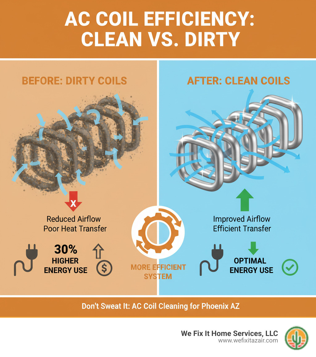 Infographic showing how dirt and debris on AC coils blocks airflow and reduces heat transfer efficiency, with before and after comparison of clean vs dirty coils and their impact on energy consumption - ac coil cleaning phoenix az infographic Infographic showing how dirt and debris on AC coils blocks airflow and reduces heat transfer efficiency, with before and after comparison of clean vs dirty coils and their impact on energy consumption - ac coil cleaning phoenix az infographic
