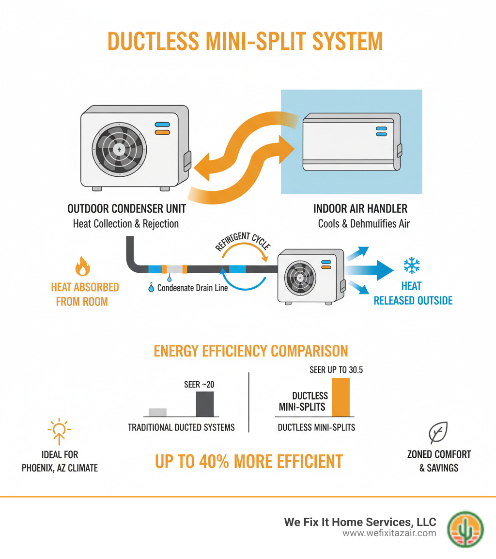 Detailed infographic showing ductless mini-split system components: outdoor condenser unit connected via refrigerant lines and electrical conduit to wall-mounted indoor air handler, with arrows showing heat transfer process and energy efficiency ratings comparison - ductless system installation phoenix az infographic Detailed infographic showing ductless mini-split system components: outdoor condenser unit connected via refrigerant lines and electrical conduit to wall-mounted indoor air handler, with arrows showing heat transfer process and energy efficiency ratings comparison - ductless system installation phoenix az infographic