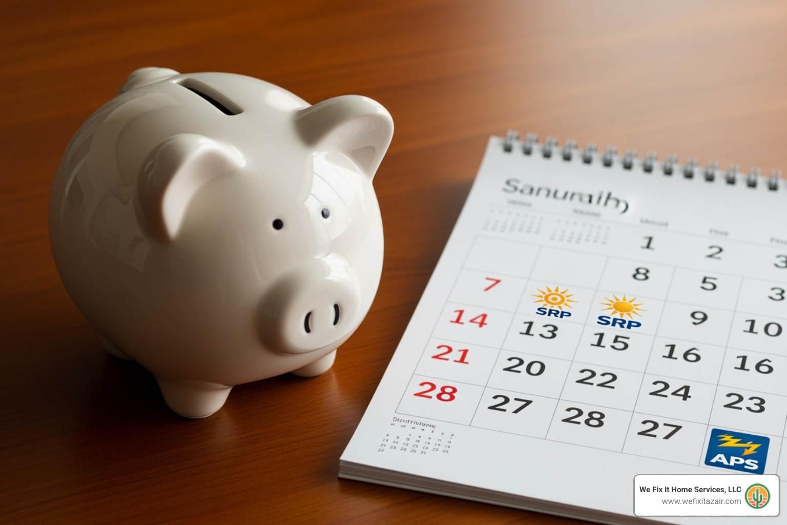 A piggy bank next to a calendar marked with "SRP" and "APS" logos - hvac financing options phoenix az