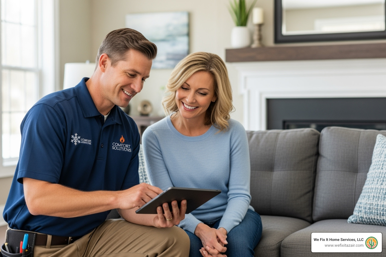 A friendly technician answering a homeowner's questions - furnace installation mesa az