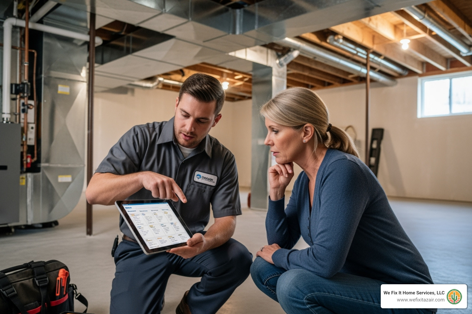 A technician showing a homeowner different furnace options on a tablet - furnace installation mesa az