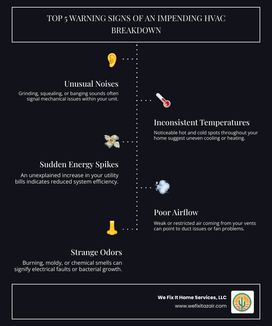 Infographic showing the top 5 warning signs of an impending HVAC breakdown: unusual noises from the system, inconsistent temperatures throughout the home, sudden spikes in energy bills, poor airflow from vents, and strange odors coming from the unit - 24/7 hvac repair phoenix az infographic infographic-line-5-steps-dark Infographic showing the top 5 warning signs of an impending HVAC breakdown: unusual noises from the system, inconsistent temperatures throughout the home, sudden spikes in energy bills, poor airflow from vents, and strange odors coming from the unit - 24/7 hvac repair phoenix az infographic infographic-line-5-steps-dark