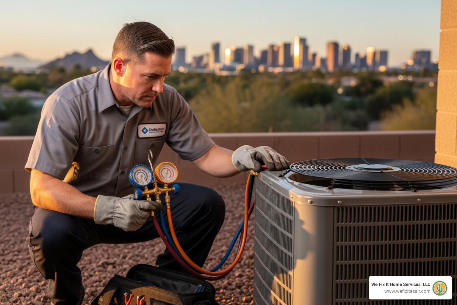 A technician inspecting an outdoor AC unit with a blurred Phoenix skyline in the background, signifying the local context and professional service - annual ac maintenance phoenix az A technician inspecting an outdoor AC unit with a blurred Phoenix skyline in the background, signifying the local context and professional service - annual ac maintenance phoenix az