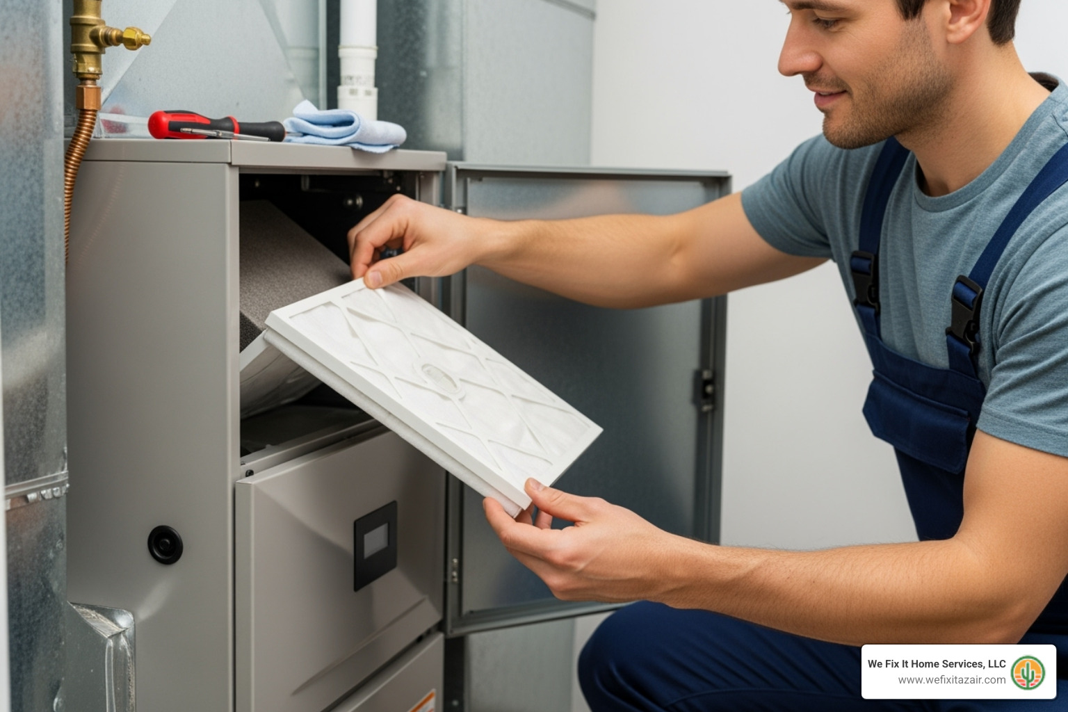 A homeowner confidently changing an air filter in their HVAC system, illustrating a simple and effective DIY maintenance task - annual ac maintenance phoenix az A homeowner confidently changing an air filter in their HVAC system, illustrating a simple and effective DIY maintenance task - annual ac maintenance phoenix az