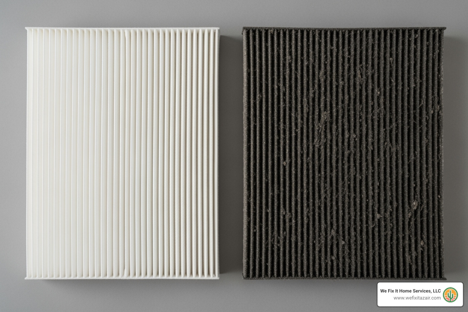 A visual comparison of a clean air filter versus a dirty, clogged air filter, illustrating the impact on airflow and system efficiency - annual ac maintenance phoenix az A visual comparison of a clean air filter versus a dirty, clogged air filter, illustrating the impact on airflow and system efficiency - annual ac maintenance phoenix az