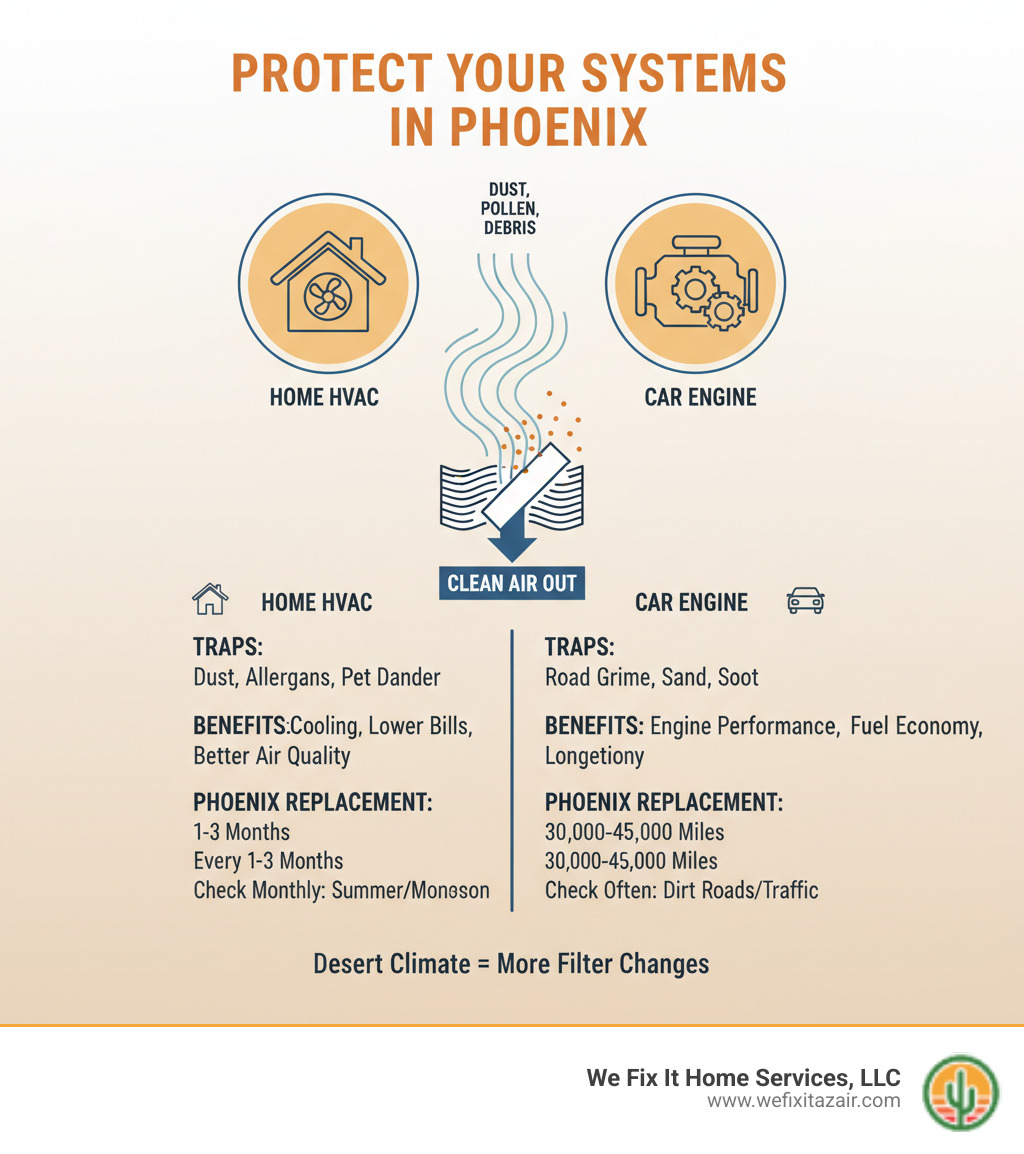 Infographic showing how air filters protect both HVAC systems and car engines by trapping dust, pollen, and debris before they can damage internal components, with specific replacement schedules for Phoenix's desert climate - air filter replacement phoenix az infographic 