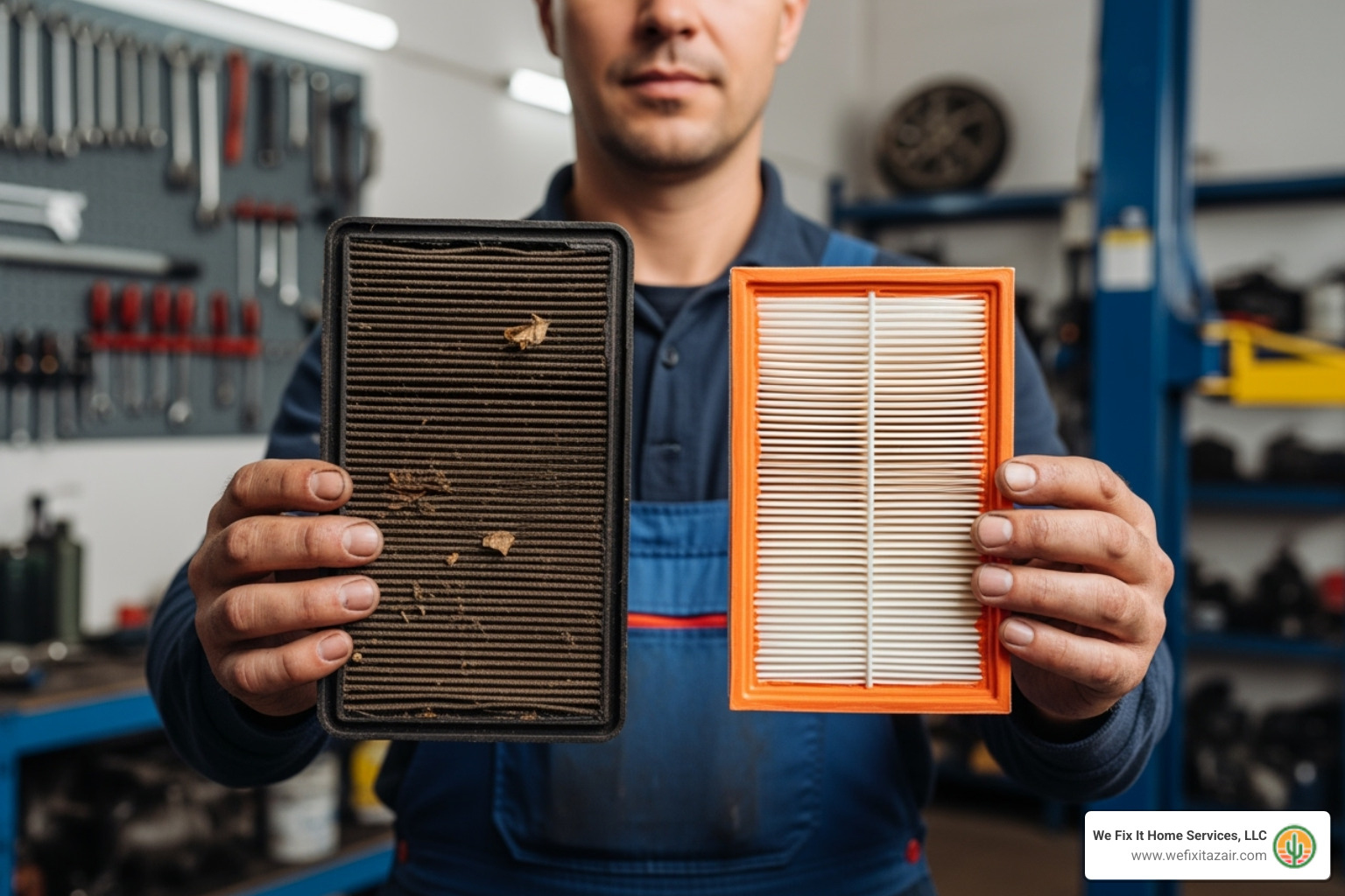 A mechanic holding up a dirty engine air filter next to a clean one - air filter replacement phoenix az