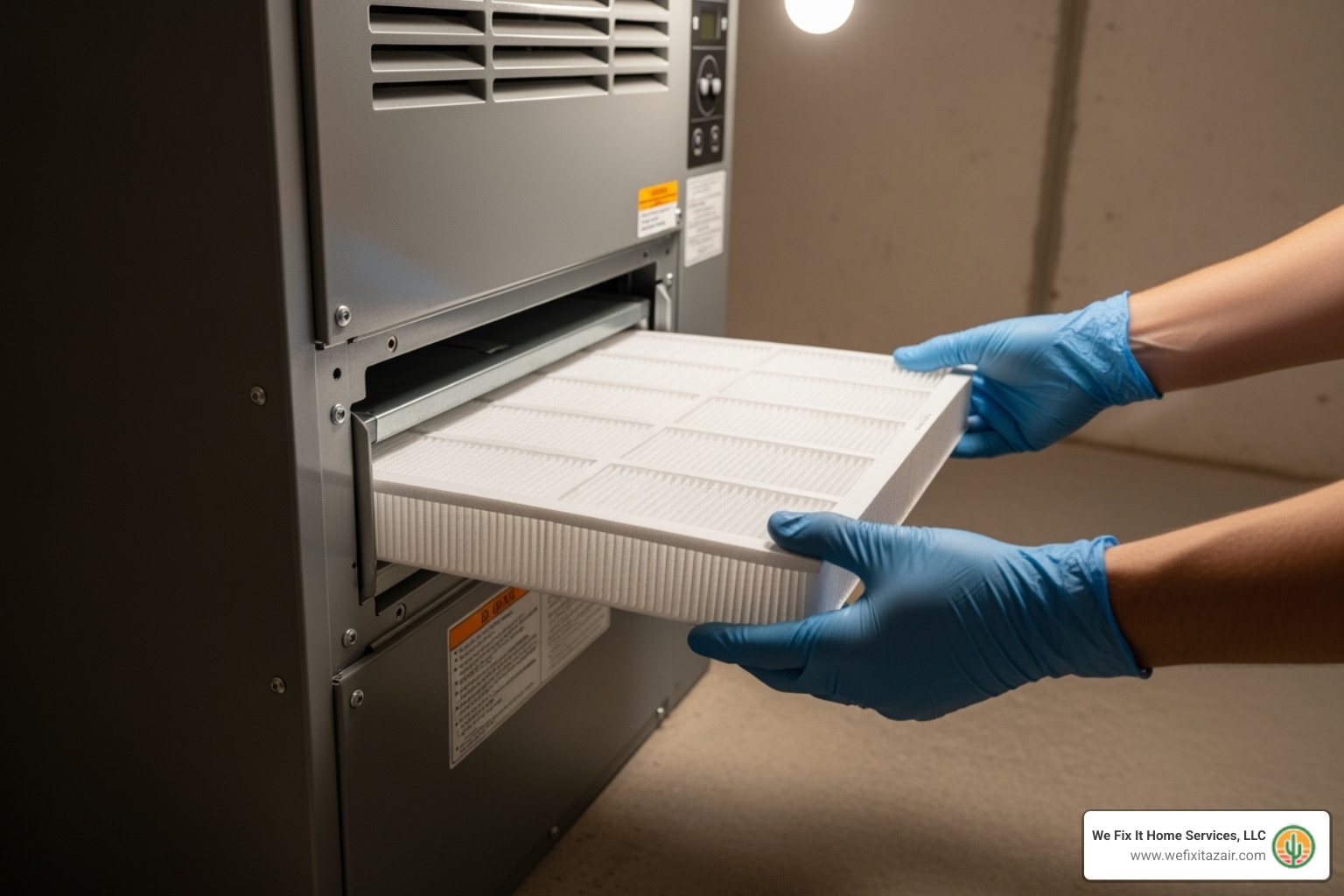 A clean air filter being slid into a home HVAC unit - air filter replacement phoenix az