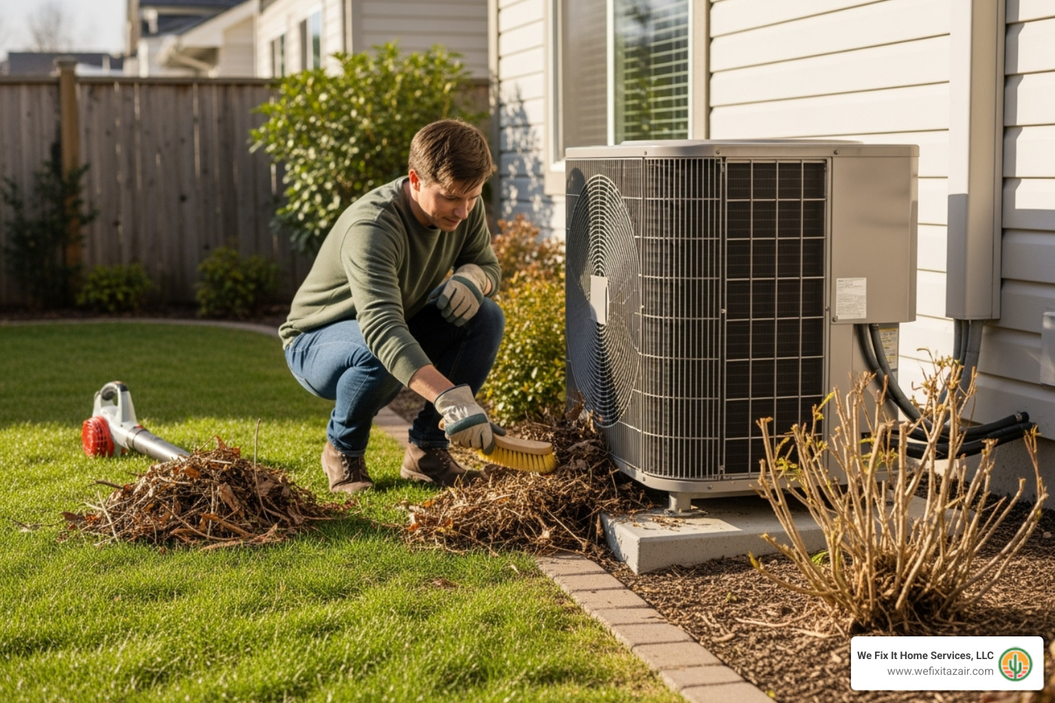 A homeowner cleaning debris away from an outdoor heat pump unit - emergency heat pump service gilbert az