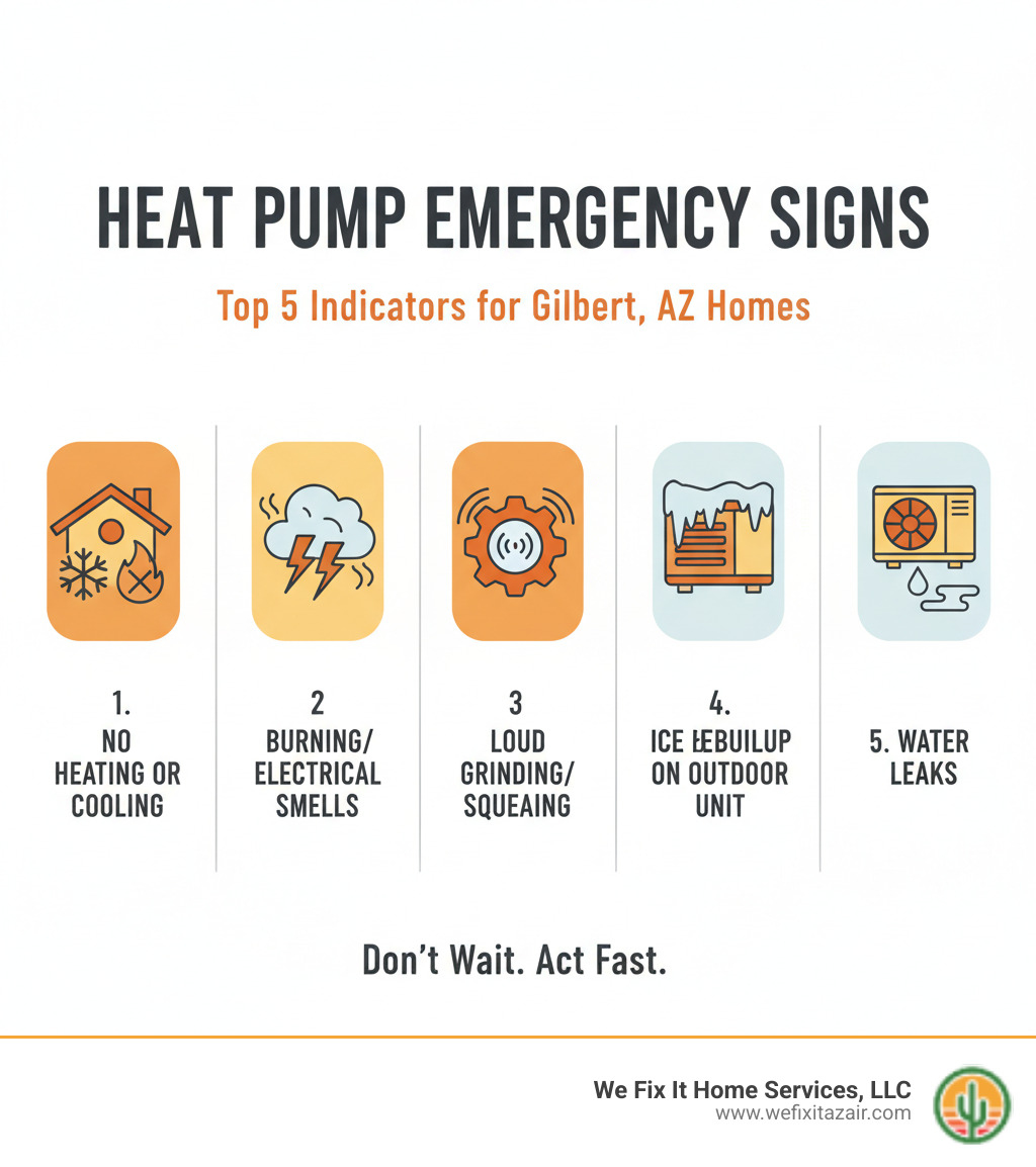Infographic showing the top 5 signs of a heat pump emergency: complete loss of heating or cooling, burning or electrical smells, loud grinding or squealing noises, ice buildup on outdoor unit, and water leaks around the system - emergency heat pump service gilbert az infographic 