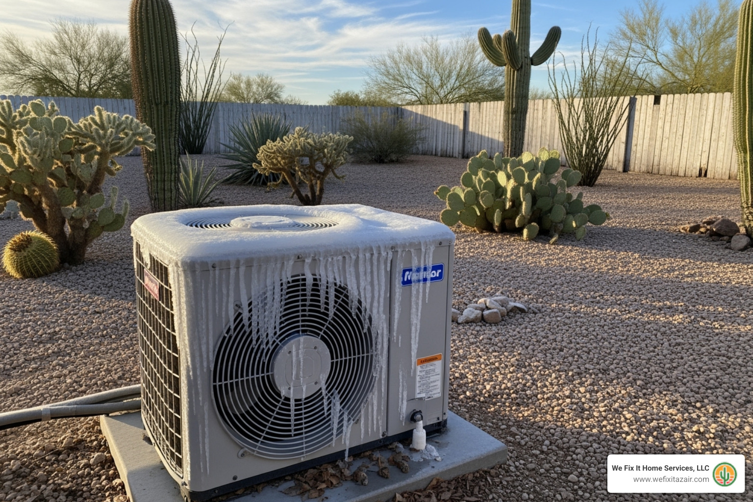 A frozen outdoor heat pump unit in an Arizona backyard - emergency heat pump service gilbert az