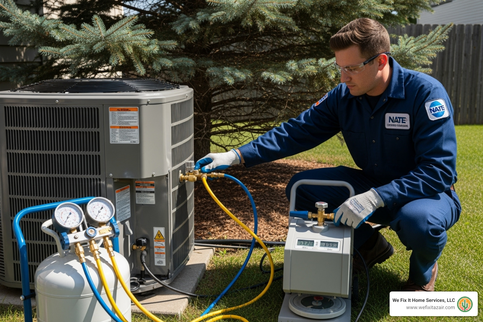of a NATE-certified technician safely recovering refrigerant from an outdoor unit - ac compressor replacement scottsdale az