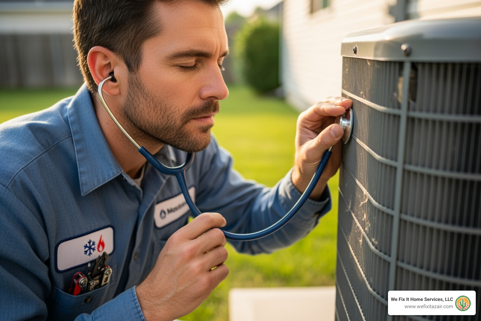 of a technician listening to an AC unit for unusual noises - ac compressor replacement scottsdale az
