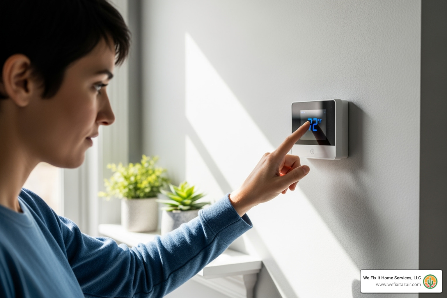 of a person checking their thermostat. - emergency furnace repair san tan valley az