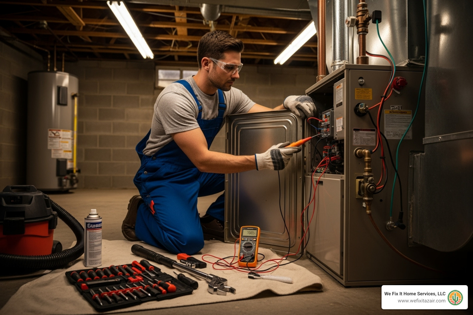 of a technician performing a furnace tune-up. - emergency furnace repair san tan valley az