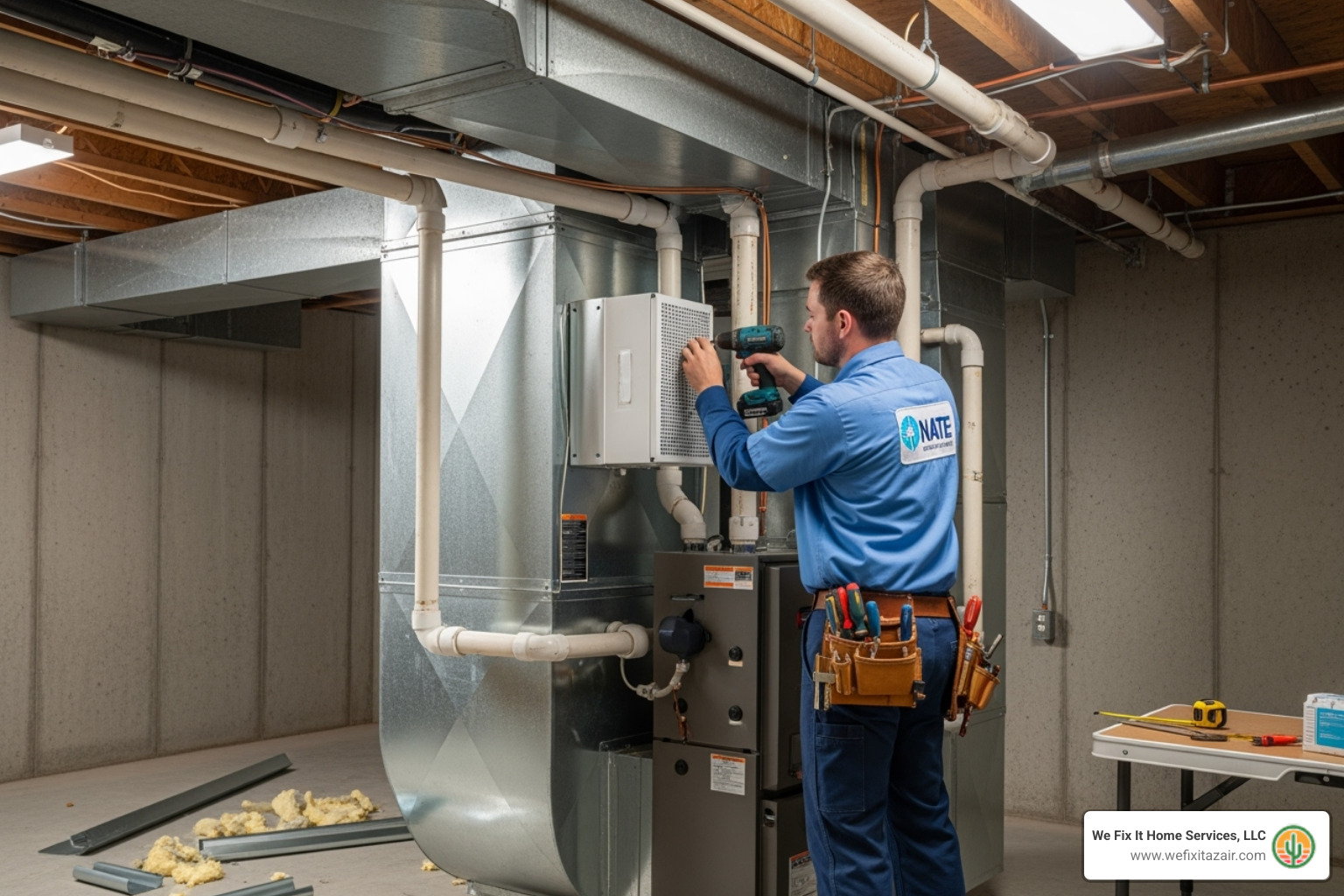 NATE-certified technician installing a whole-home air purifier into an HVAC system's ductwork - air purifier installation mesa az