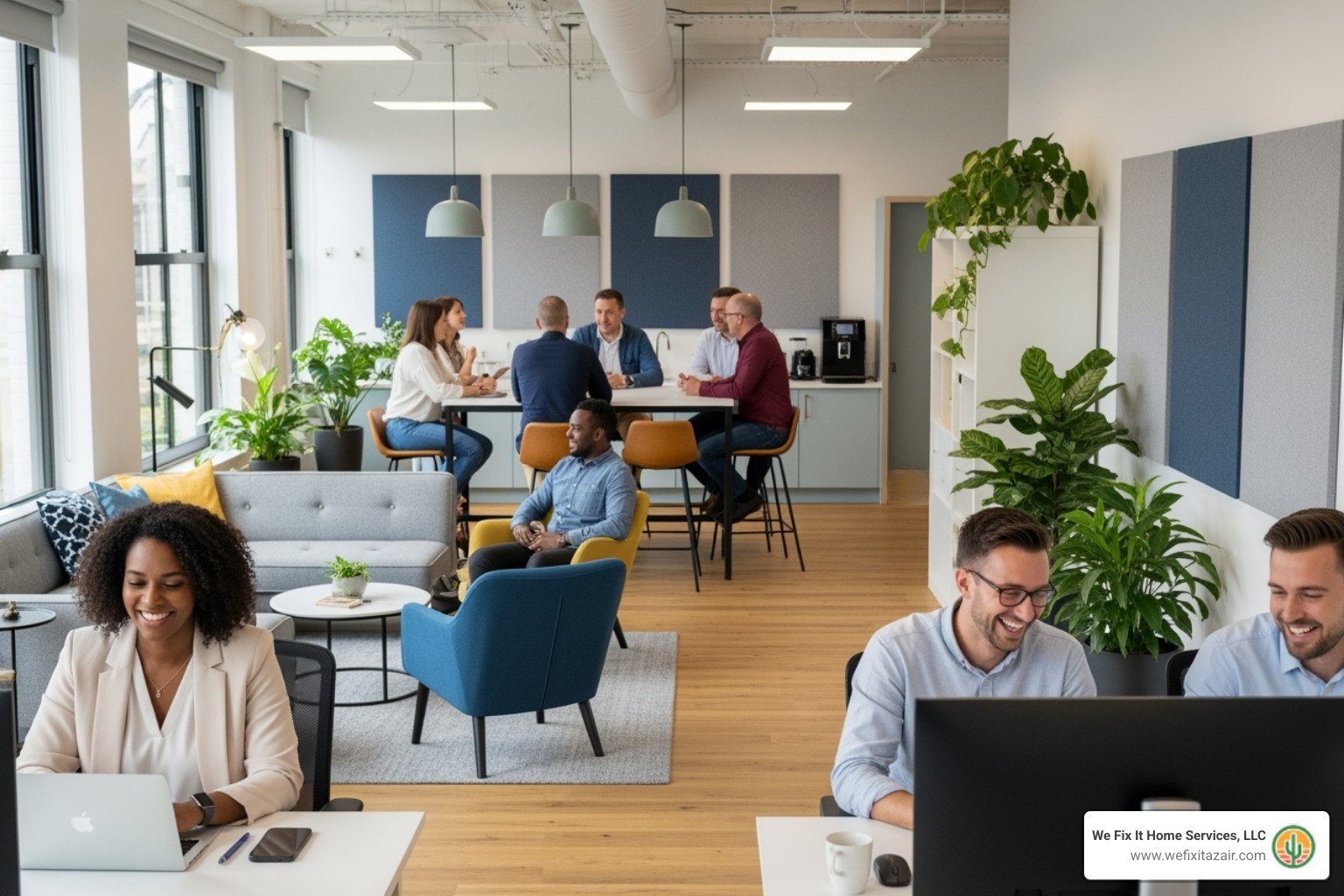 comfortable, modern office interior with happy employees - heat pump installation phoenix az