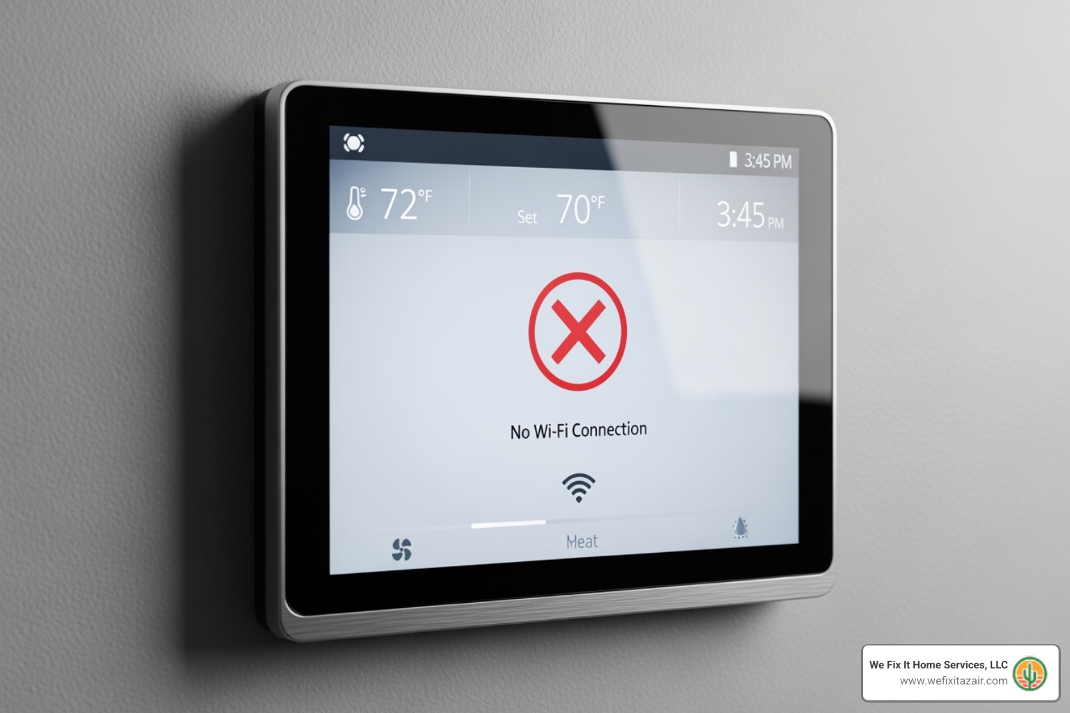 A smart thermostat screen displaying a Wi-Fi connection error icon - smart home hvac control phoenix az