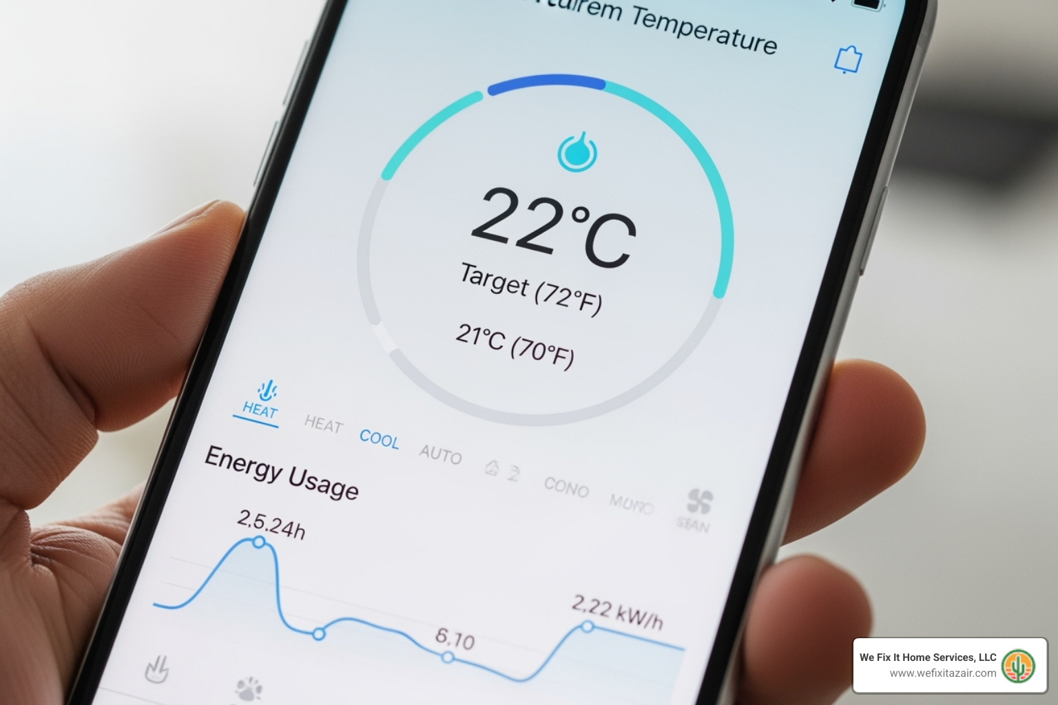 A smartphone displaying a smart thermostat app interface, showing temperature settings and energy usage data - smart home hvac control phoenix az