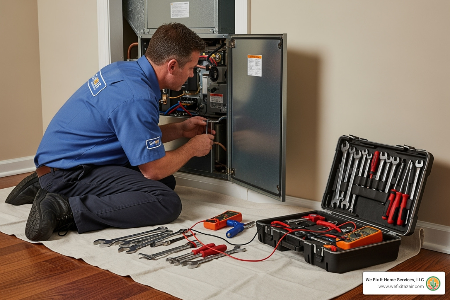 Clean work area with drop cloths around an indoor AC unit - 24 hour AC repair Mesa