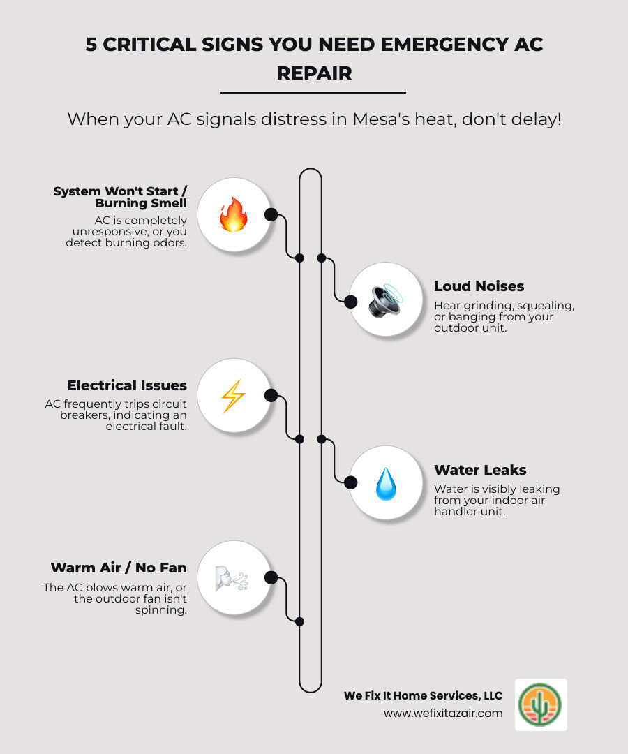 Infographic showing the 5 critical signs requiring immediate 24-hour AC repair in Mesa: system won't start with burning smell, loud grinding or squealing noises from outdoor unit, electrical issues with tripped breakers, water leaking from indoor air handler, and warm air blowing with outdoor fan not spinning - 24 hour AC repair Mesa infographic infographic-line-5-steps-neat_beige