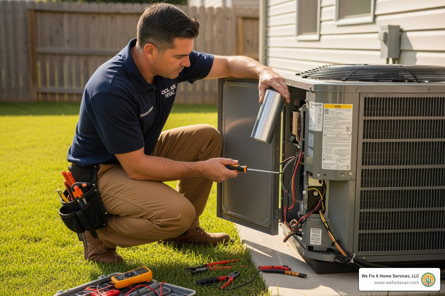 Technician replacing a capacitor on an outdoor AC unit - 24 hour AC repair Mesa