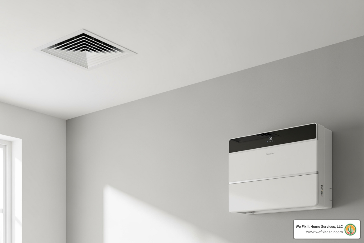Comparison image showing a discreet ceiling vent (representing a ducted system) on one side and a wall-mounted ductless unit on the other - ducted ac system installation chandler az