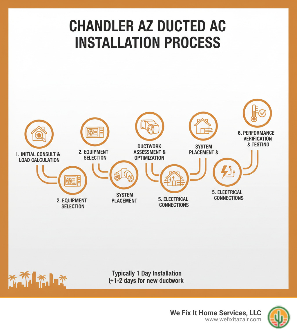Infographic showing the complete ducted AC system installation process from initial consultation through final testing, including load calculation, equipment selection, ductwork assessment, system placement, electrical connections, and performance verification for Chandler Arizona homes - ducted ac system installation chandler az infographic 