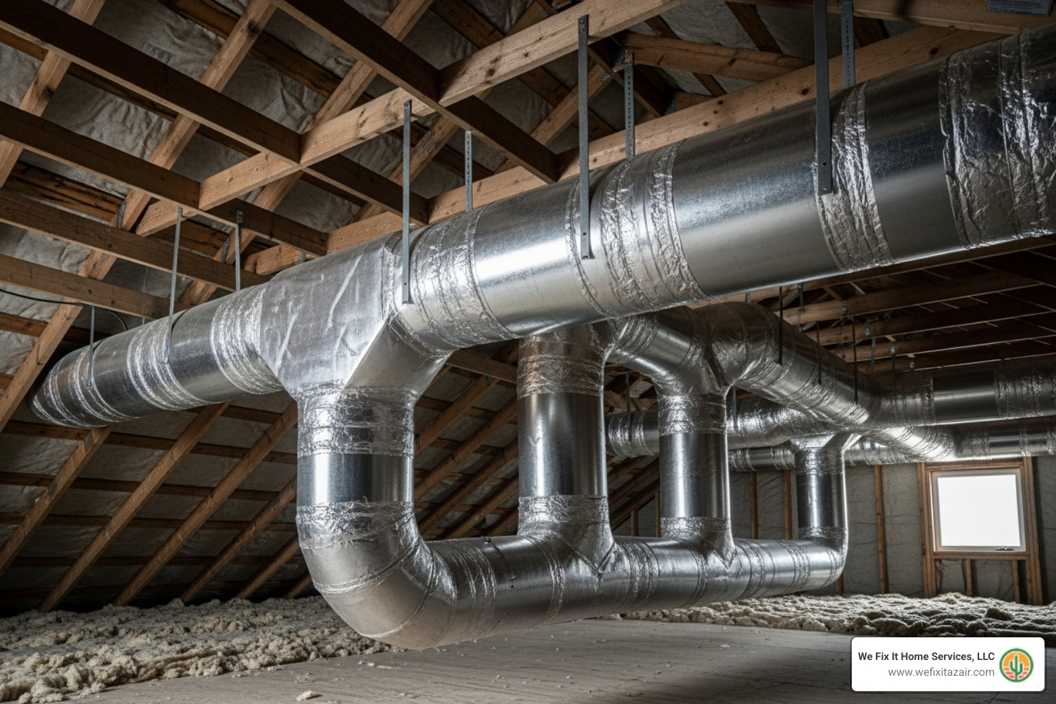 Clean, well-sealed ductwork in an attic, showing proper insulation and connections - ducted ac system installation chandler az