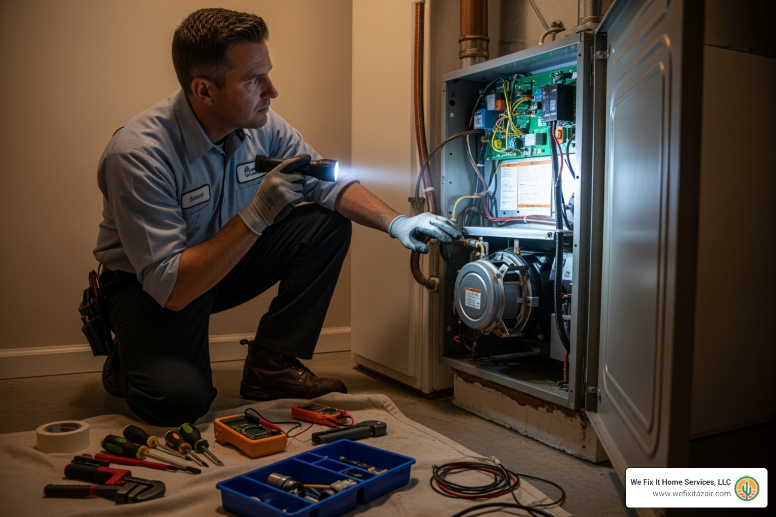 certified technician inspecting a furnace - furnace maintenance chandler az