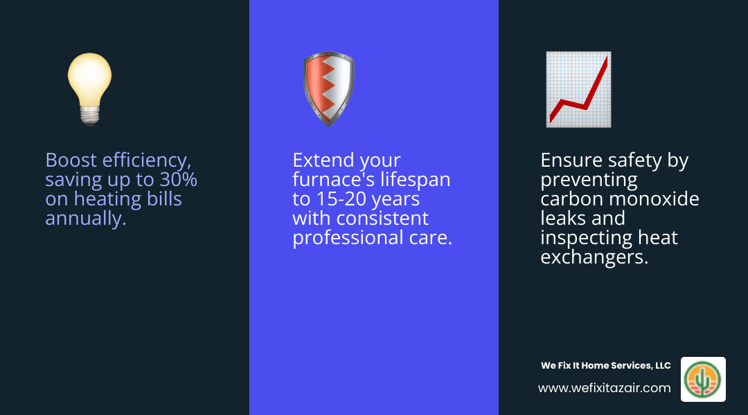 Comprehensive infographic showing the three pillars of furnace care: Efficiency improvements leading to 30% energy savings, Safety protection through carbon monoxide prevention and heat exchanger inspection, and Longevity benefits extending system lifespan to 15-20 years through annual professional maintenance - furnace maintenance chandler az infographic 3_facts_emoji_blue