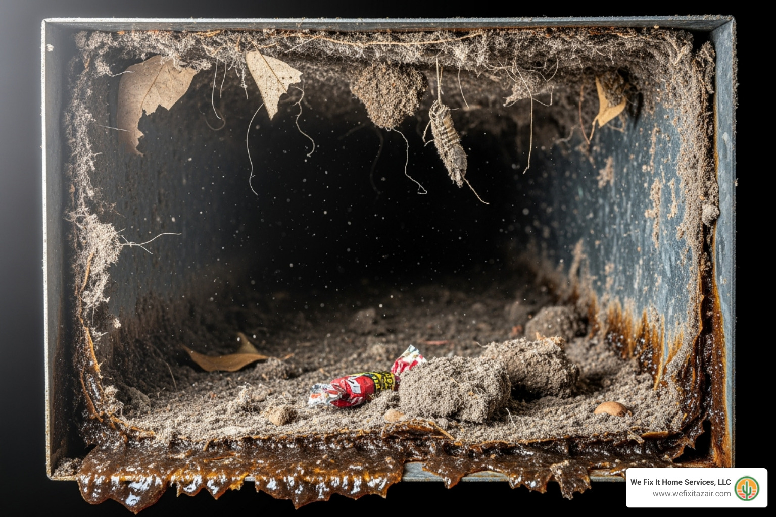 cross-section of a dirty air duct - duct cleaning san tan valley az