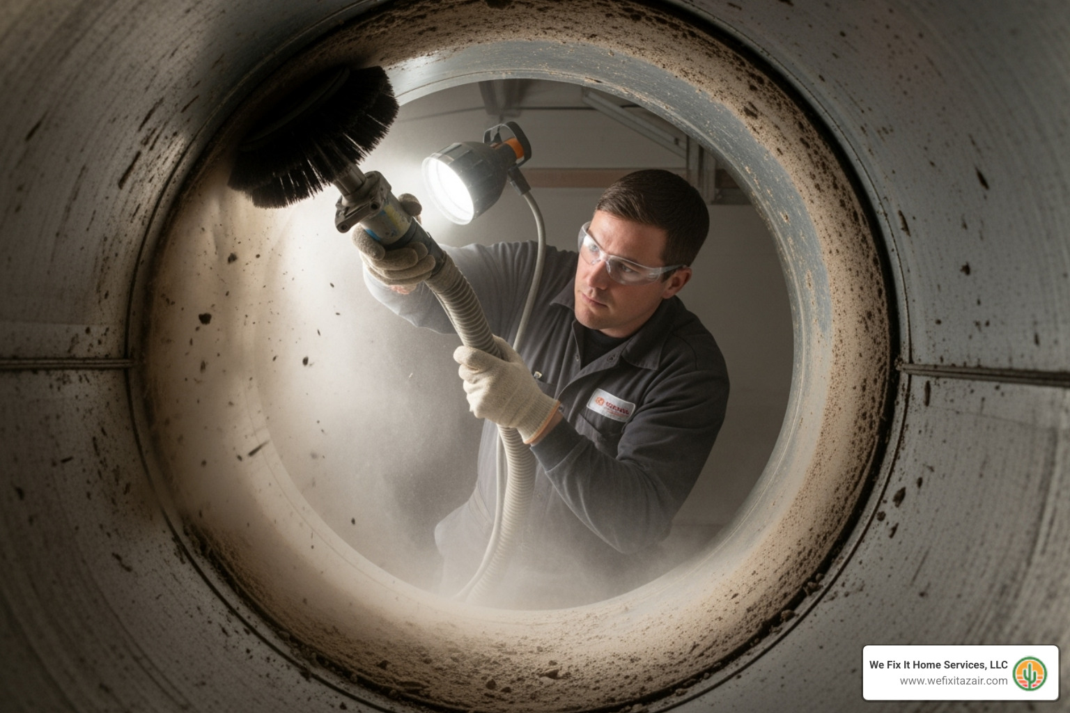 technician using a rotary brush inside a duct - duct cleaning san tan valley az
