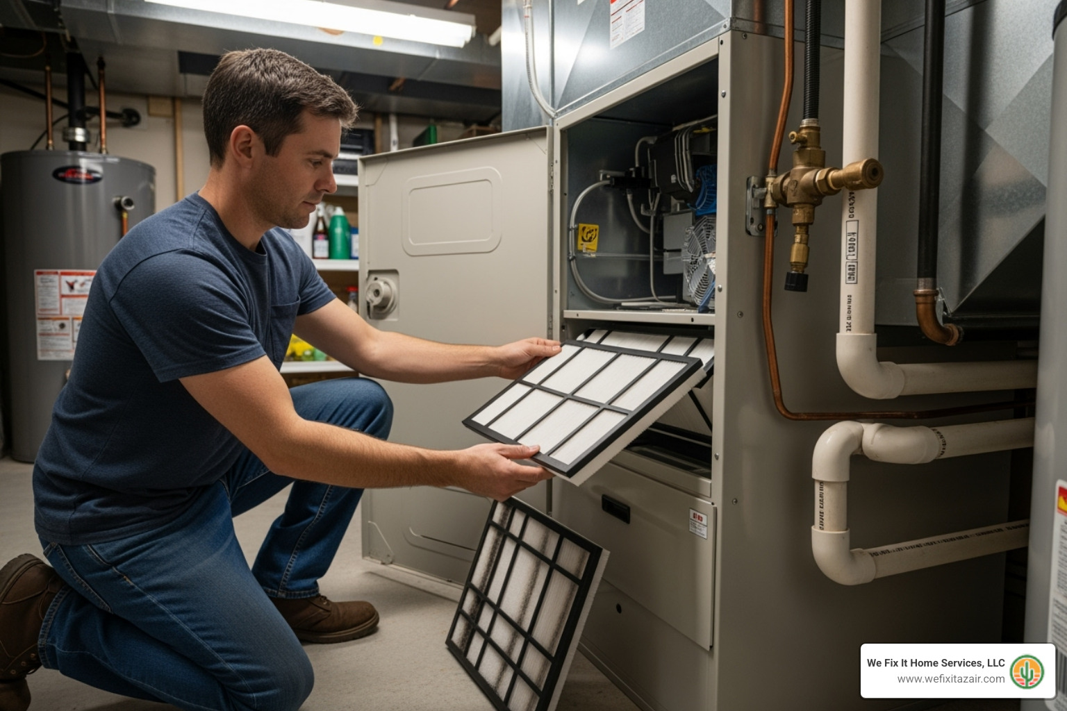 homeowner changing a heat pump air filter - heat pump maintenance mesa az