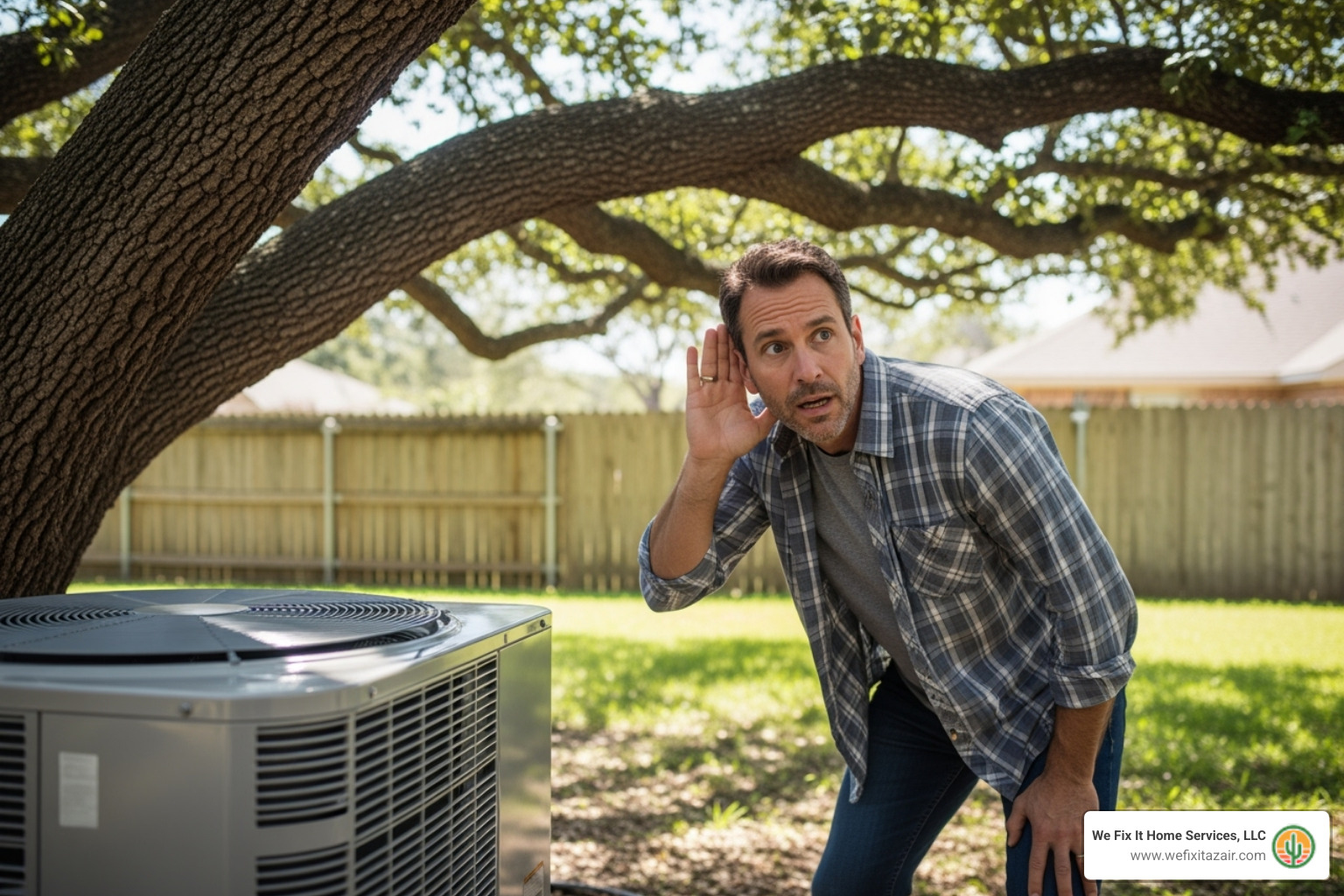 homeowner listening to a noisy outdoor unit - heat pump maintenance mesa az