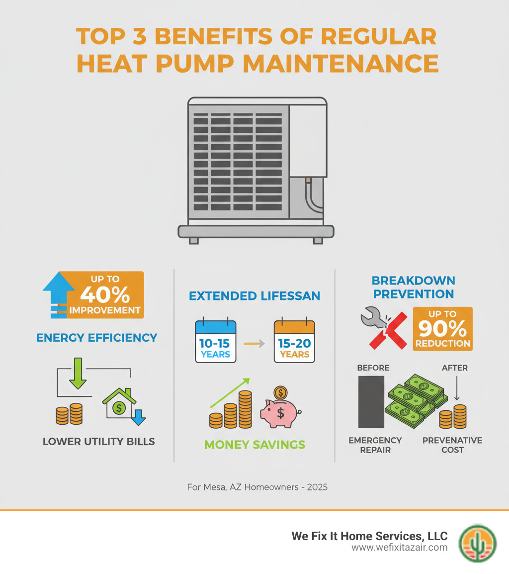Detailed infographic showing the top 3 benefits of regular heat pump maintenance: 1) Energy efficiency improvement up to 40% with icons showing lower utility bills, 2) Extended system lifespan from 10-15 years to 15-20 years with calendar and money savings graphics, 3) Breakdown prevention up to 90% reduction with emergency repair cost comparison - heat pump maintenance mesa az infographic 