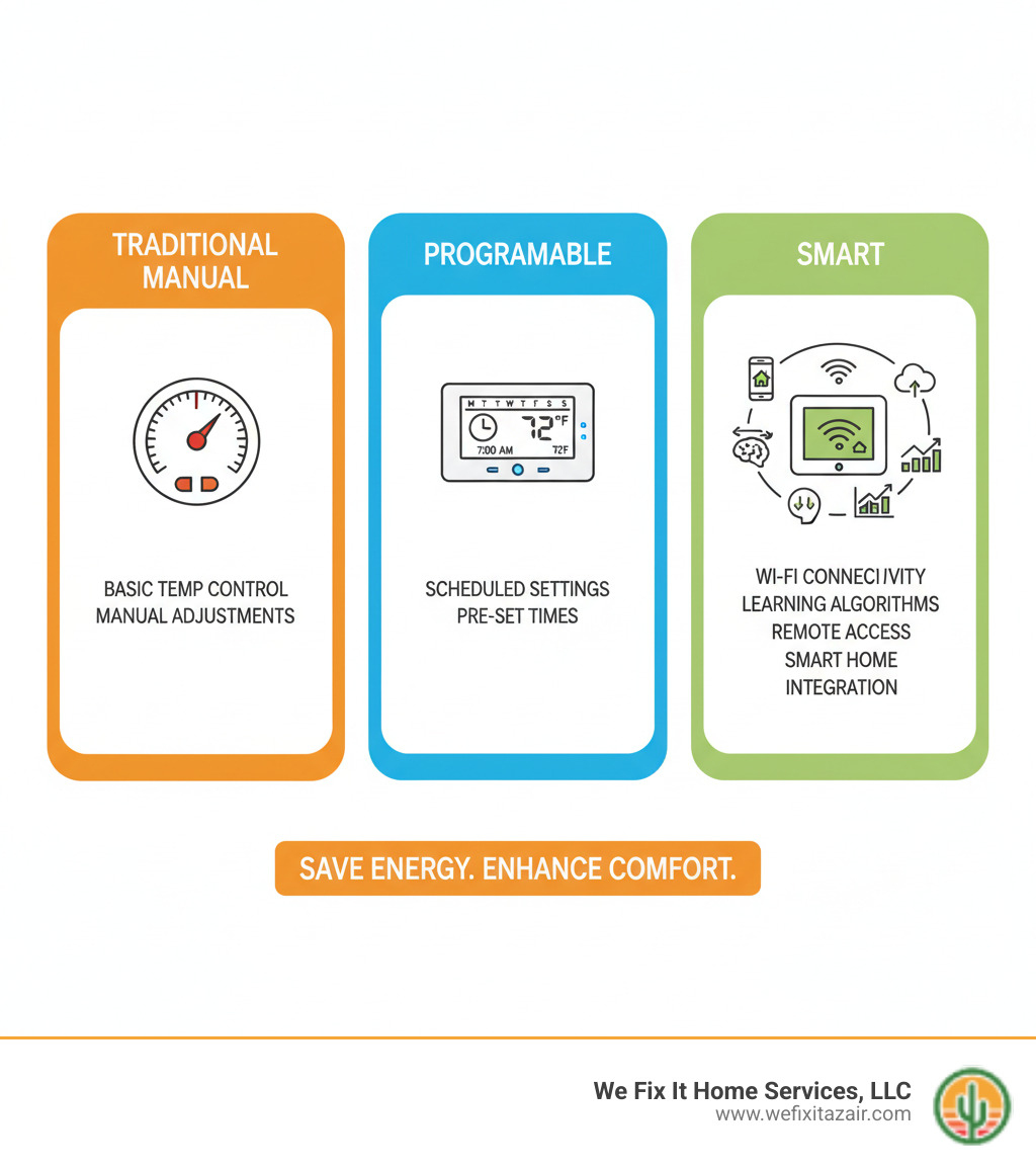 Detailed comparison infographic showing traditional manual thermostats with basic temperature control, programmable thermostats with scheduled settings, and smart thermostats with Wi-Fi connectivity, learning algorithms, remote access, energy reports, and integration with smart home devices - smart thermostat installation phoenix az infographic  Detailed comparison infographic showing traditional manual thermostats with basic temperature control, programmable thermostats with scheduled settings, and smart thermostats with Wi-Fi connectivity, learning algorithms, remote access, energy reports, and integration with smart home devices - smart thermostat installation phoenix az infographic