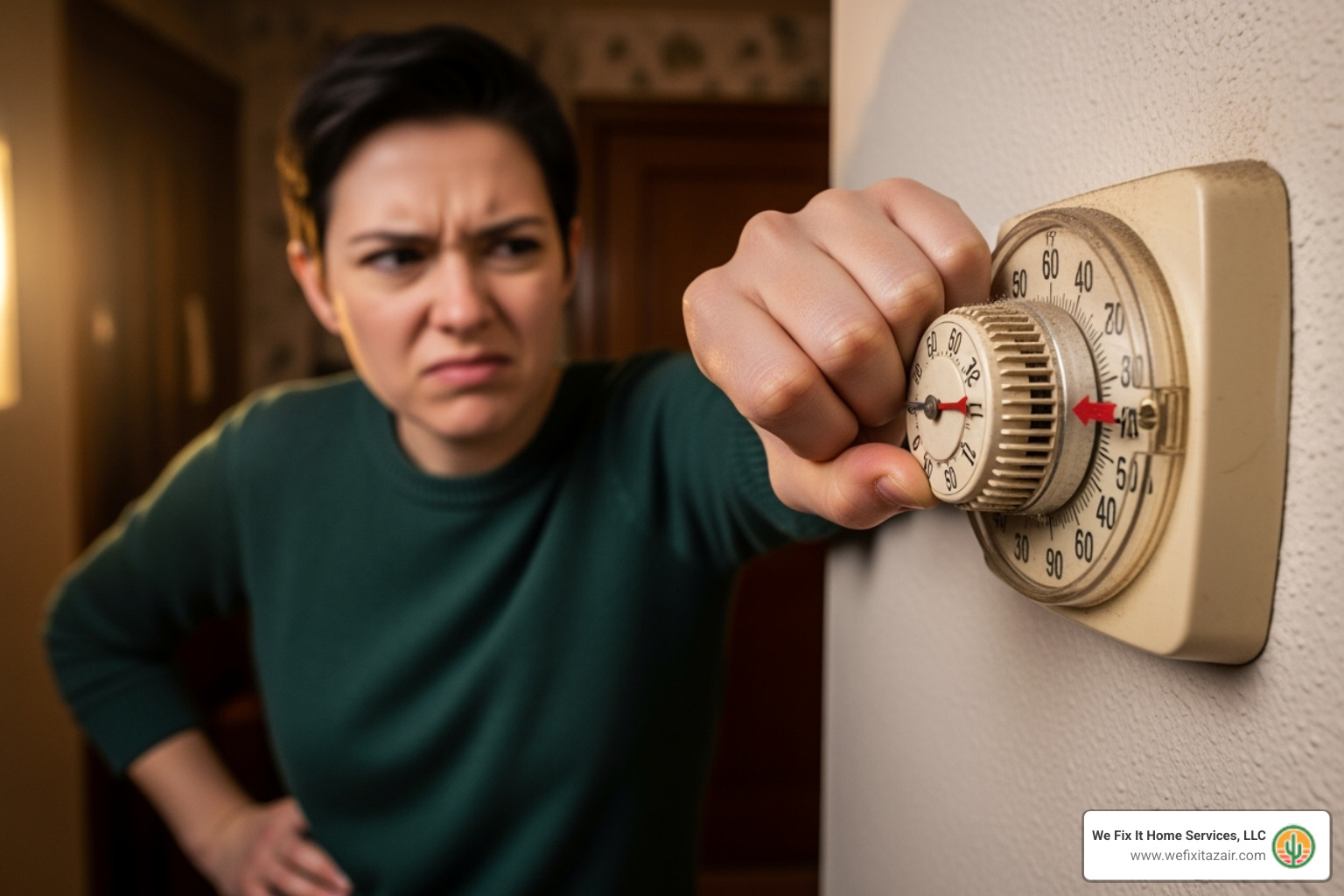 Person looking frustrated at an old, manual thermostat - smart thermostat installation phoenix az Person looking frustrated at an old, manual thermostat - smart thermostat installation phoenix az