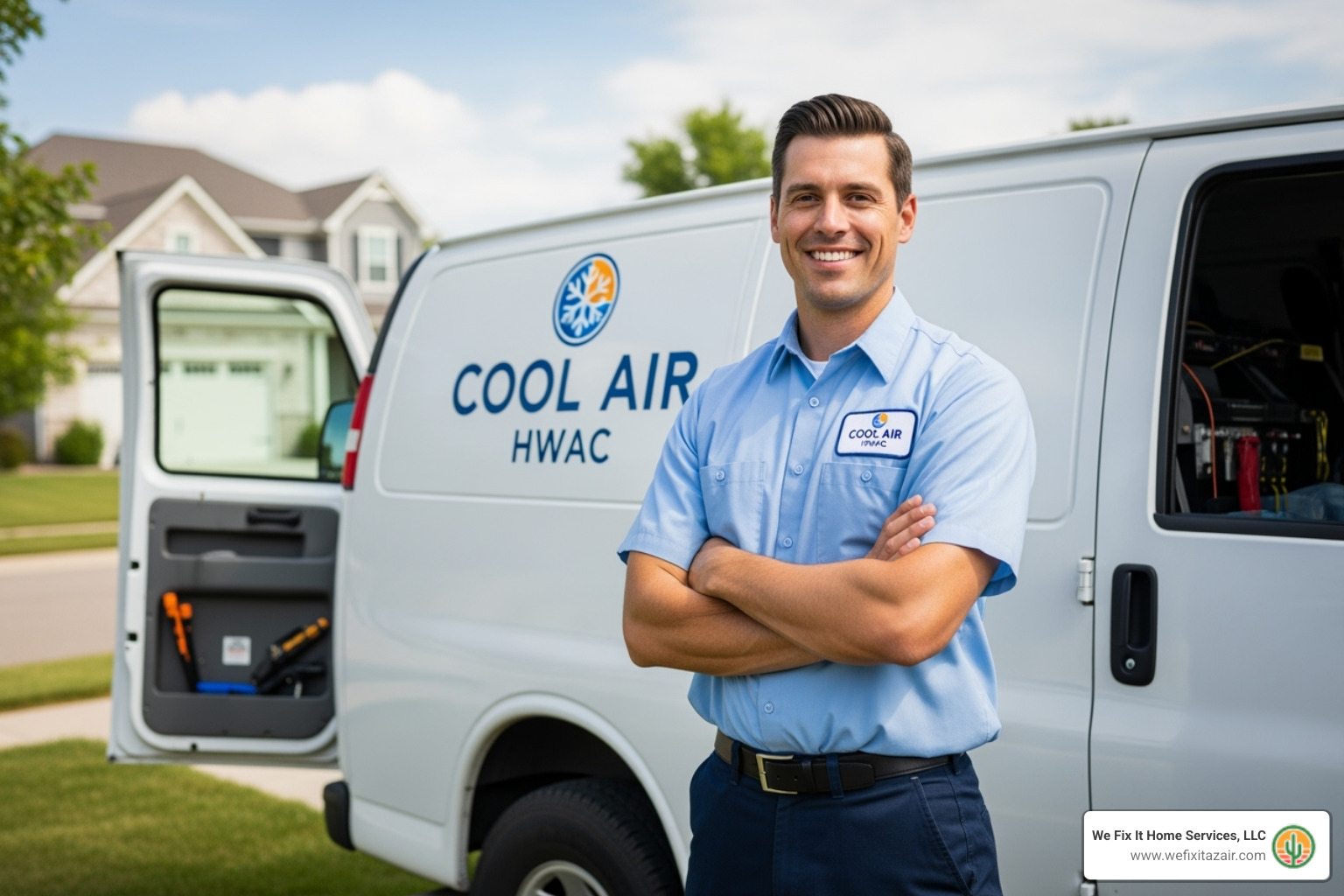 Friendly, professional HVAC technician with a company van in the background - smart thermostat installation phoenix az Friendly, professional HVAC technician with a company van in the background - smart thermostat installation phoenix az