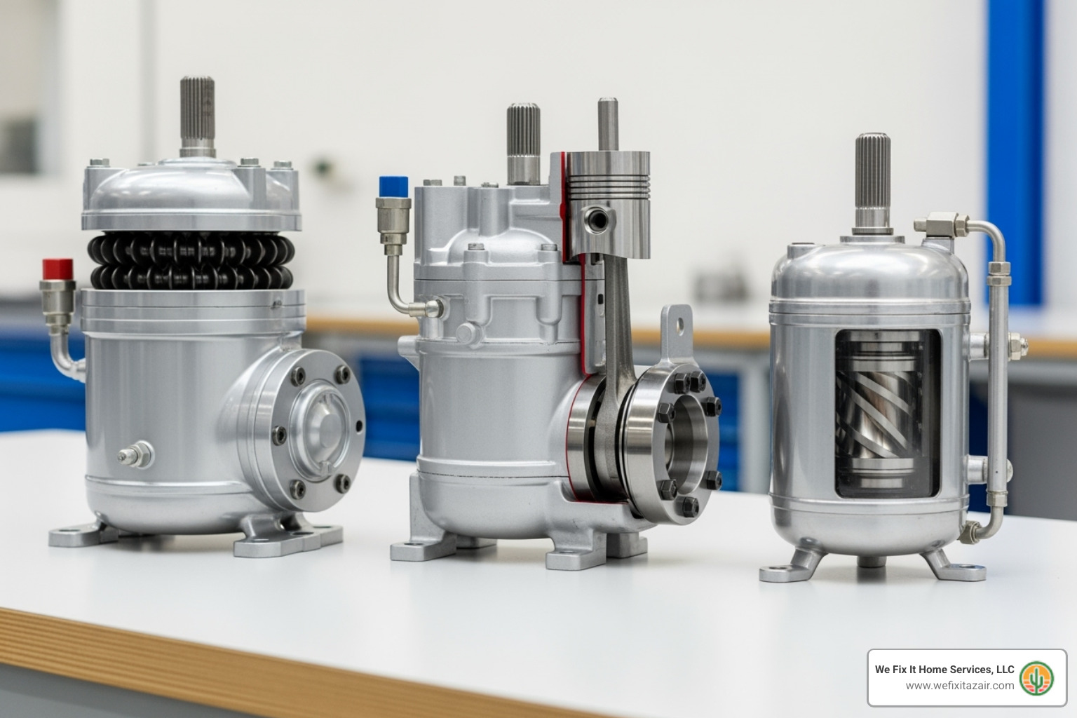 A graphic showing different types of AC compressors, such as scroll, reciprocating, and rotary, highlighting their distinct designs - AC compressor replacement A graphic showing different types of AC compressors, such as scroll, reciprocating, and rotary, highlighting their distinct designs - AC compressor replacement
