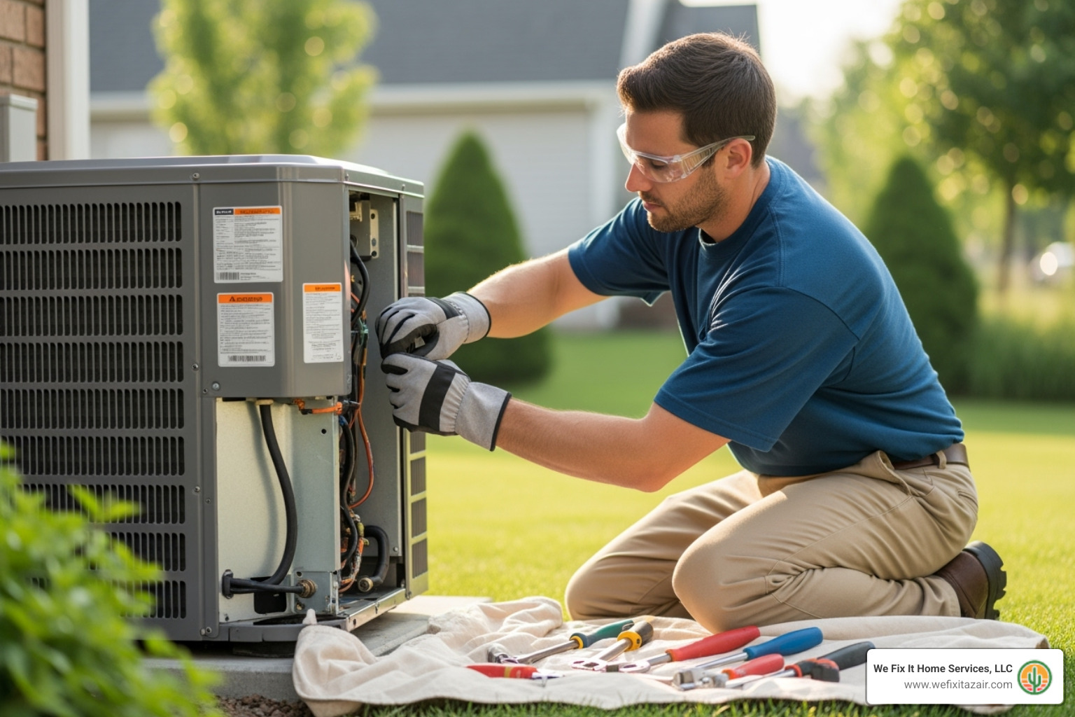 A technician working on an AC unit with proper safety gear - AC compressor replacement A technician working on an AC unit with proper safety gear - AC compressor replacement