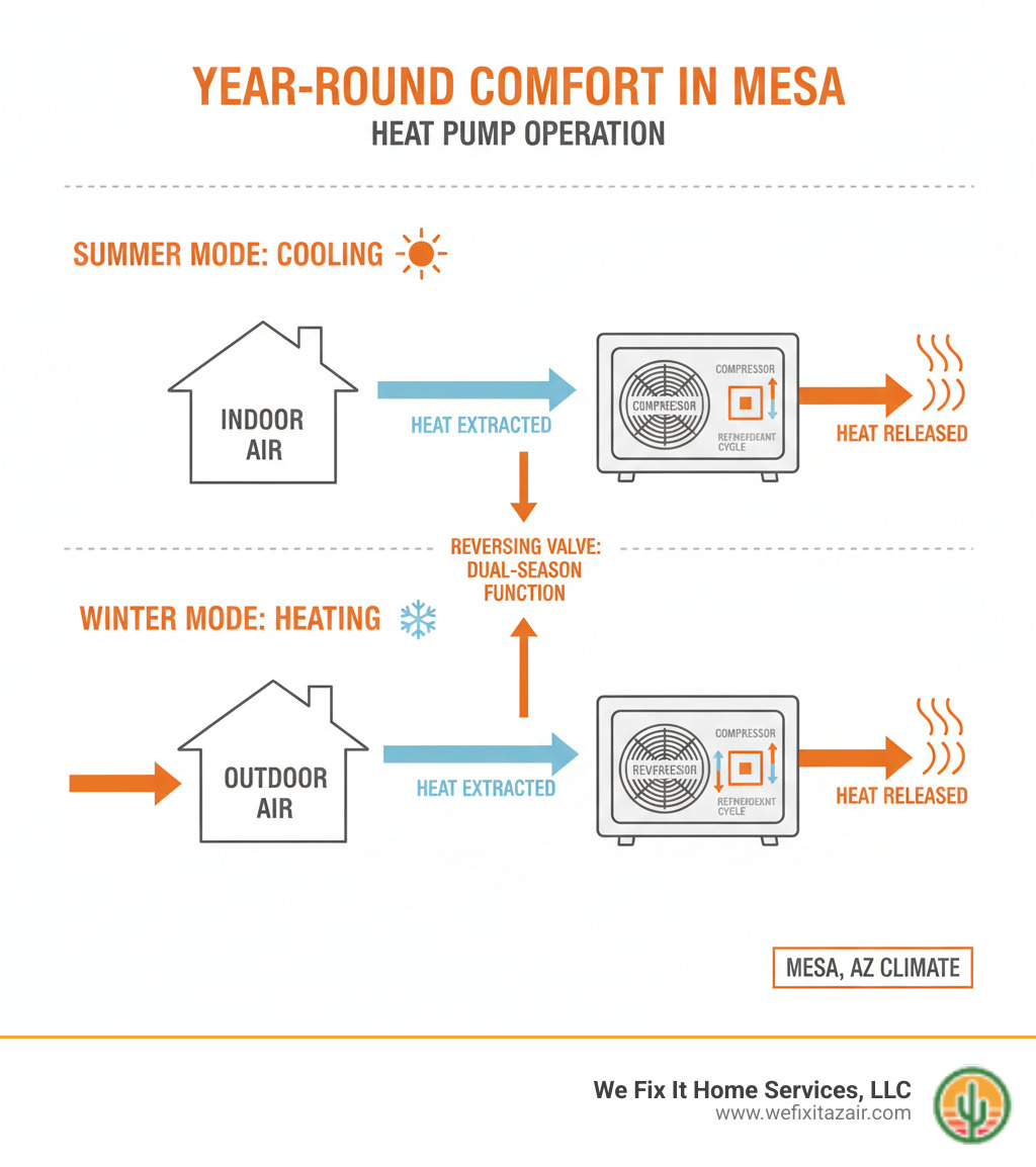 Infographic showing heat pump operation: In summer mode, the heat pump extracts heat from indoor air and transfers it outside for cooling. In winter mode, it reverses the process, extracting heat from outdoor air and moving it inside for heating. The diagram shows the refrigerant cycle, compressor, and reversing valve that makes dual-season operation possible in Mesa's climate - heat pump replacement mesa az infographic  Infographic showing heat pump operation: In summer mode, the heat pump extracts heat from indoor air and transfers it outside for cooling. In winter mode, it reverses the process, extracting heat from outdoor air and moving it inside for heating. The diagram shows the refrigerant cycle, compressor, and reversing valve that makes dual-season operation possible in Mesa's climate - heat pump replacement mesa az infographic