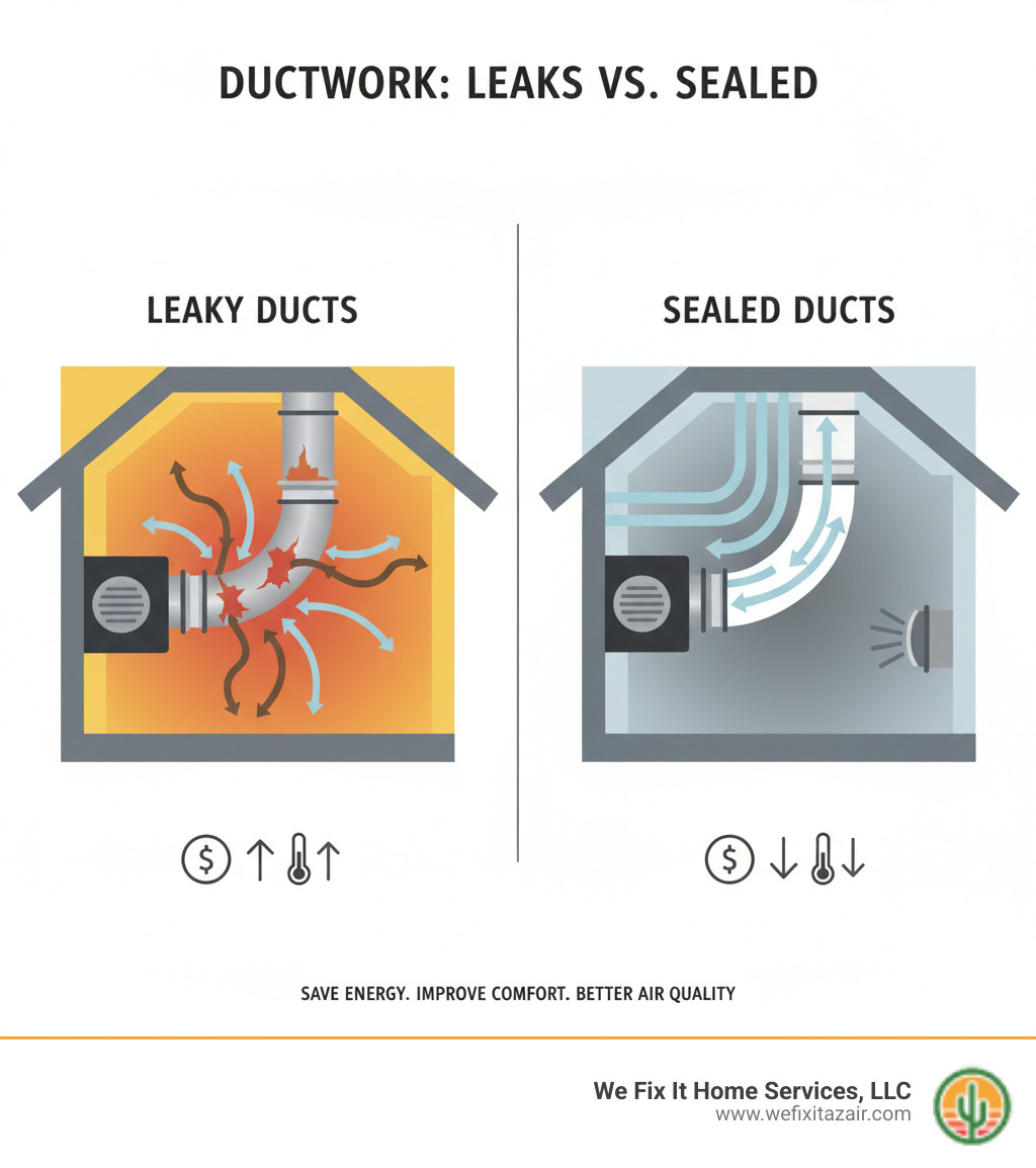 Detailed infographic showing cross-section of a home with leaky ductwork in the attic, arrows indicating conditioned air escaping through gaps and holes, hot attic air being drawn in, and the contrast with properly sealed ducts containing airflow - duct sealing paradise valley az infographic  Detailed infographic showing cross-section of a home with leaky ductwork in the attic, arrows indicating conditioned air escaping through gaps and holes, hot attic air being drawn in, and the contrast with properly sealed ducts containing airflow - duct sealing paradise valley az infographic