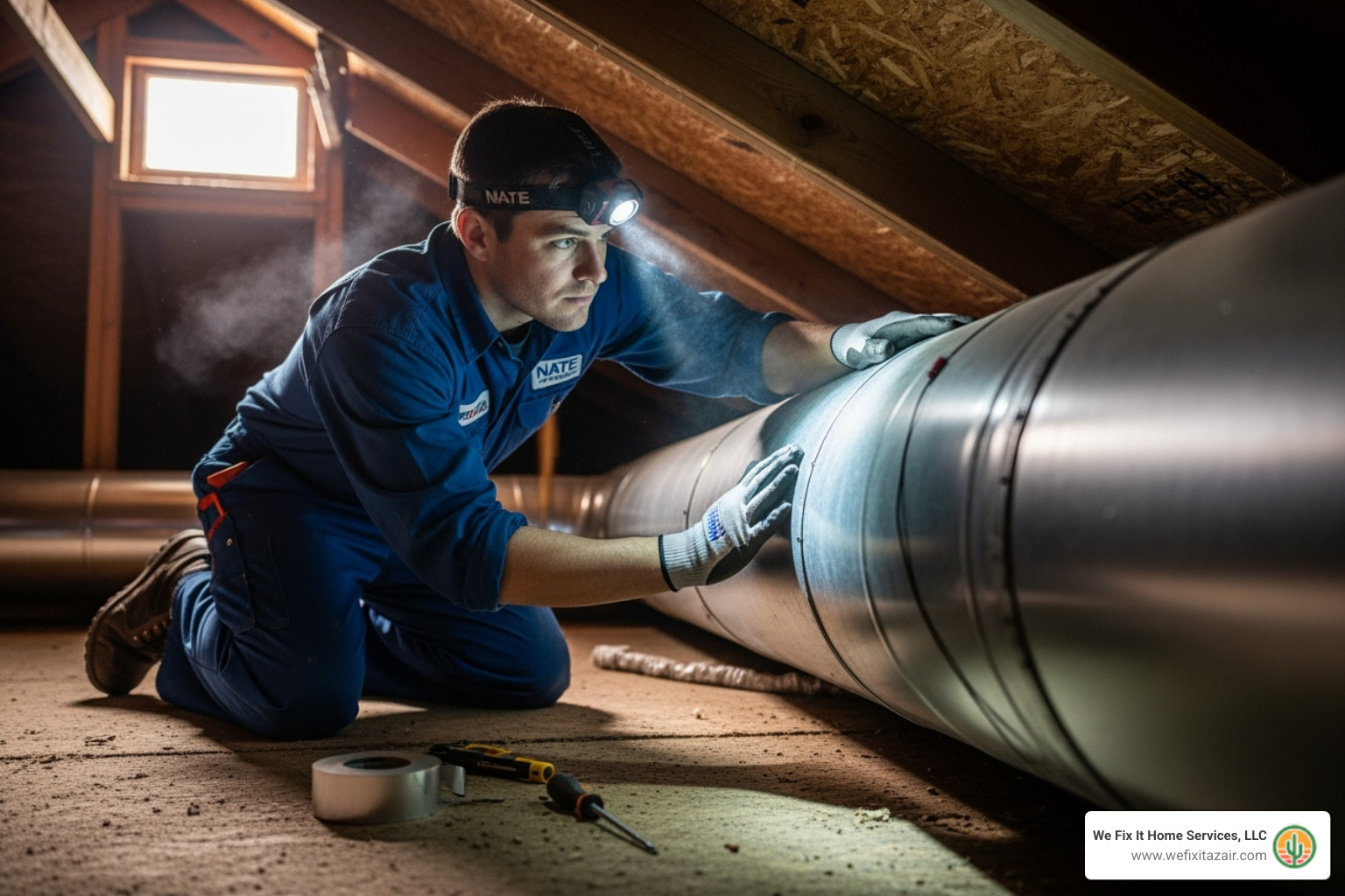 A NATE-certified technician carefully inspecting ductwork in an attic - duct sealing paradise valley az A NATE-certified technician carefully inspecting ductwork in an attic - duct sealing paradise valley az