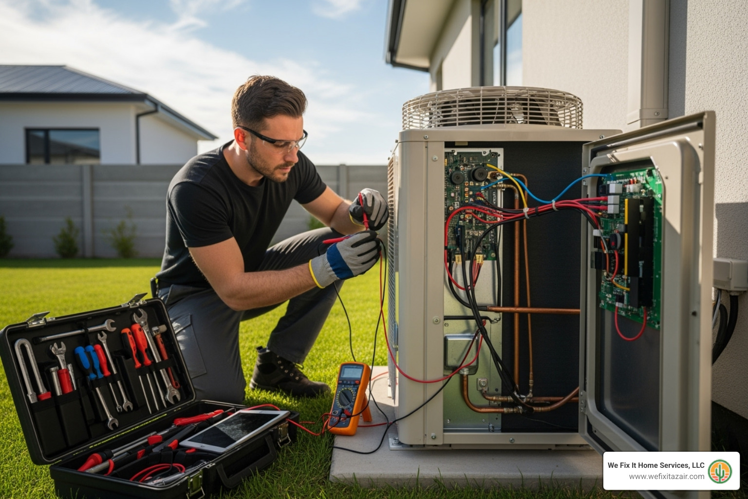 technician diagnosing outdoor heat pump unit - heat pump repair san tan valley az technician diagnosing outdoor heat pump unit - heat pump repair san tan valley az