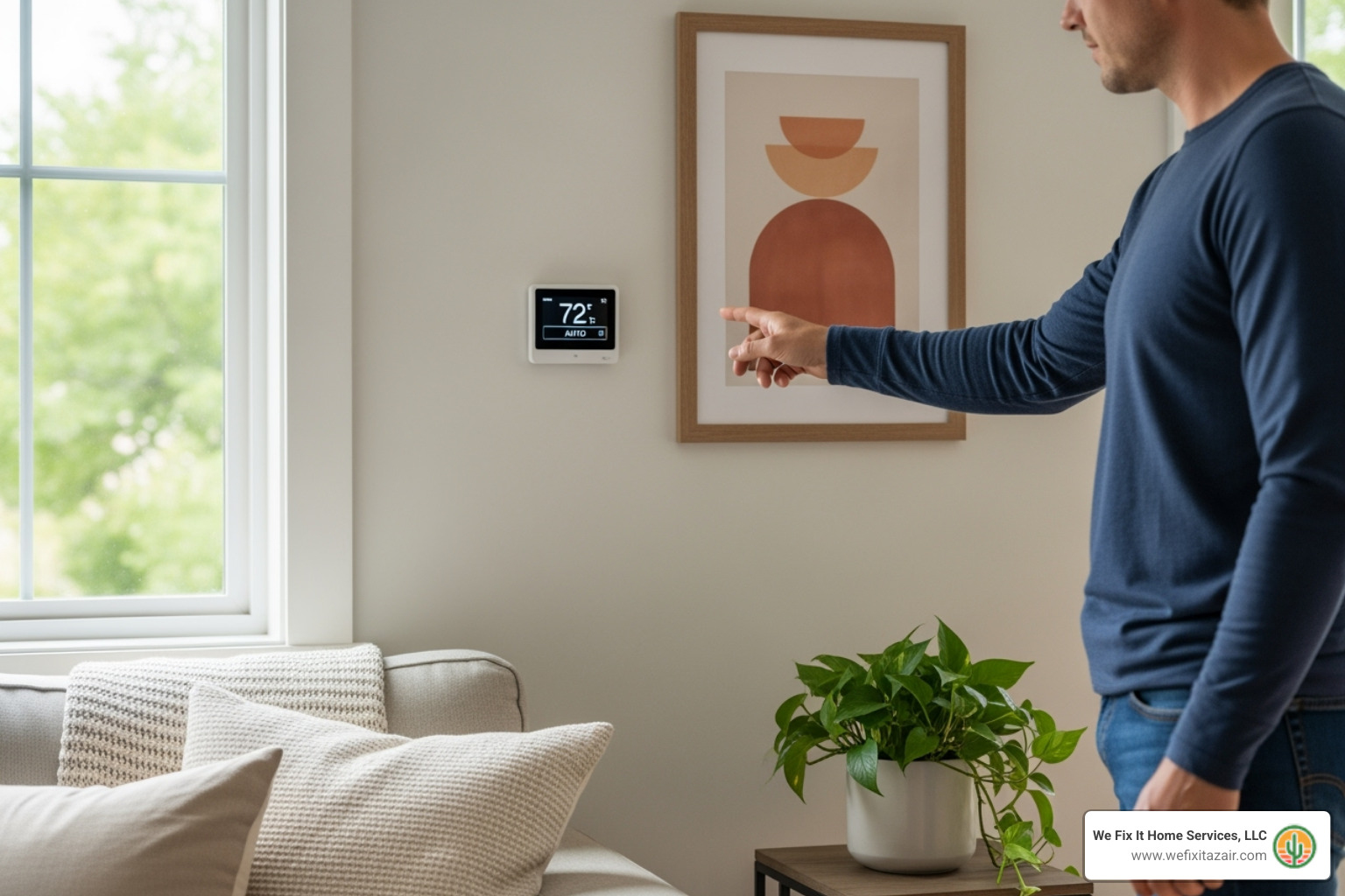 homeowner checking thermostat - heat pump repair san tan valley az homeowner checking thermostat - heat pump repair san tan valley az