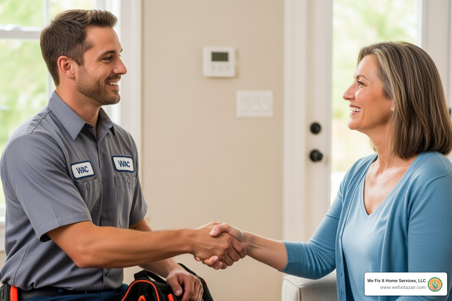 friendly technician shaking homeowner's hand - heat pump repair san tan valley az friendly technician shaking homeowner's hand - heat pump repair san tan valley az