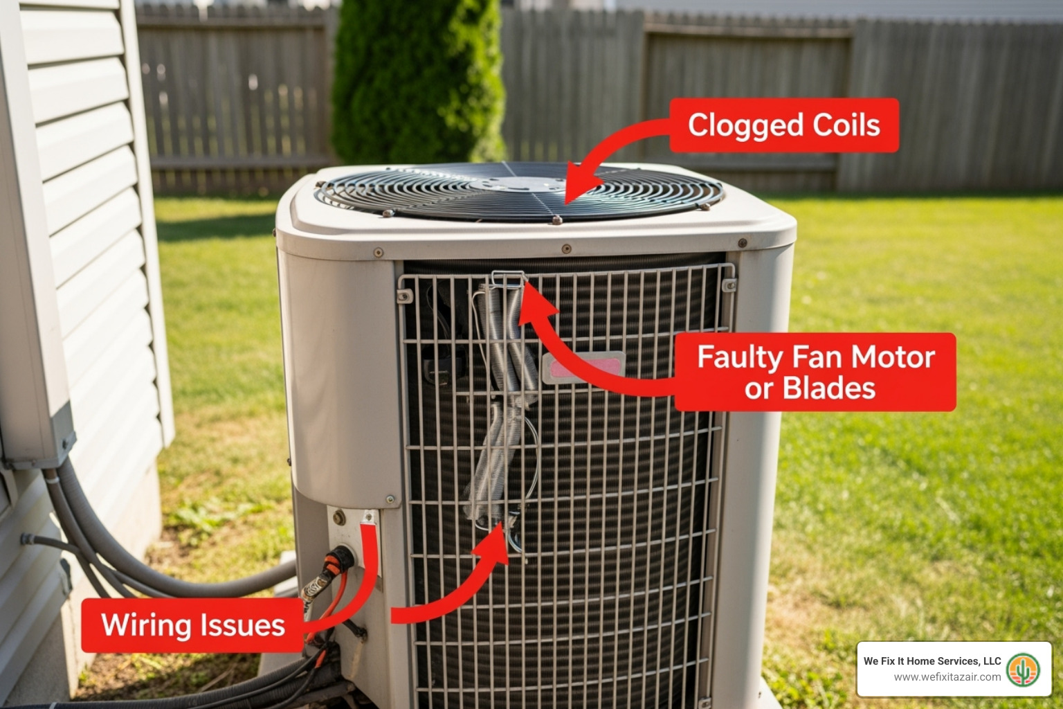outdoor AC condenser unit with callouts to common problem areas like coils and fan - Broken AC unit outdoor AC condenser unit with callouts to common problem areas like coils and fan - Broken AC unit